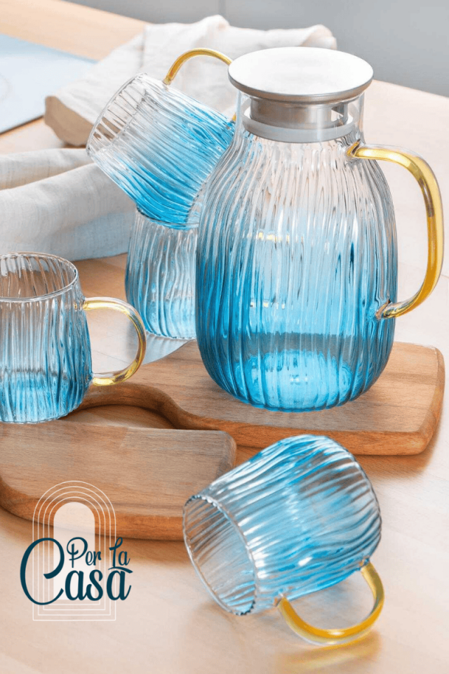 5 Parça Cam Sürahi Seti Mavi