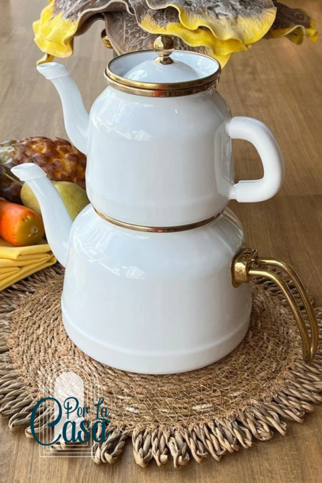 Beyaz Vintage Emaye Çaydanlık