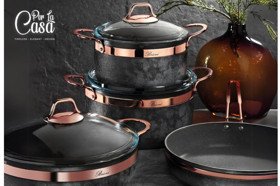 Brioni Royal Stone 7 Parça Antrasit & Copper Taş Granit Tencere Seti