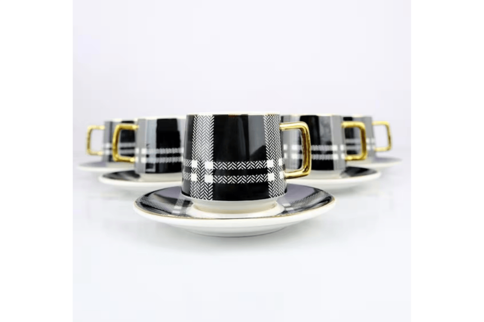 Ekose Siyah Porselen Kahve Fincanı Takımı