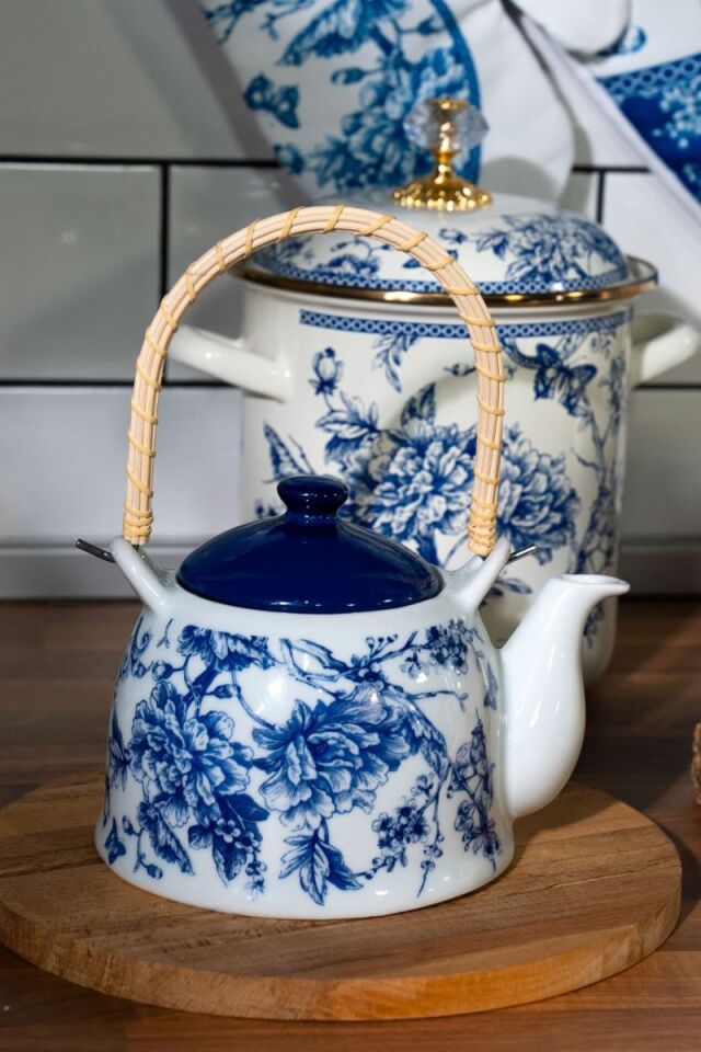 Vintage Blu 0.9 Lt Porselen Hasır Saplı Demlik