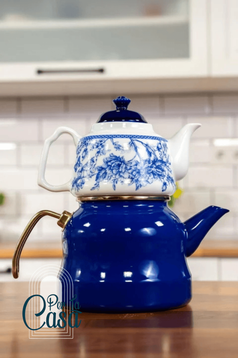 Vintage Blu 2.6 LT Emaye Porselen Demlikli Çaydanlık