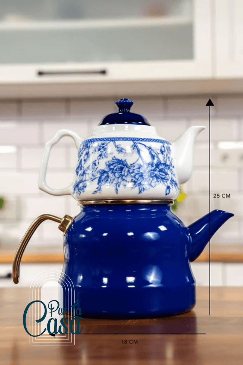 Vintage Blu 2.6 LT Emaye Porselen Demlikli Çaydanlık