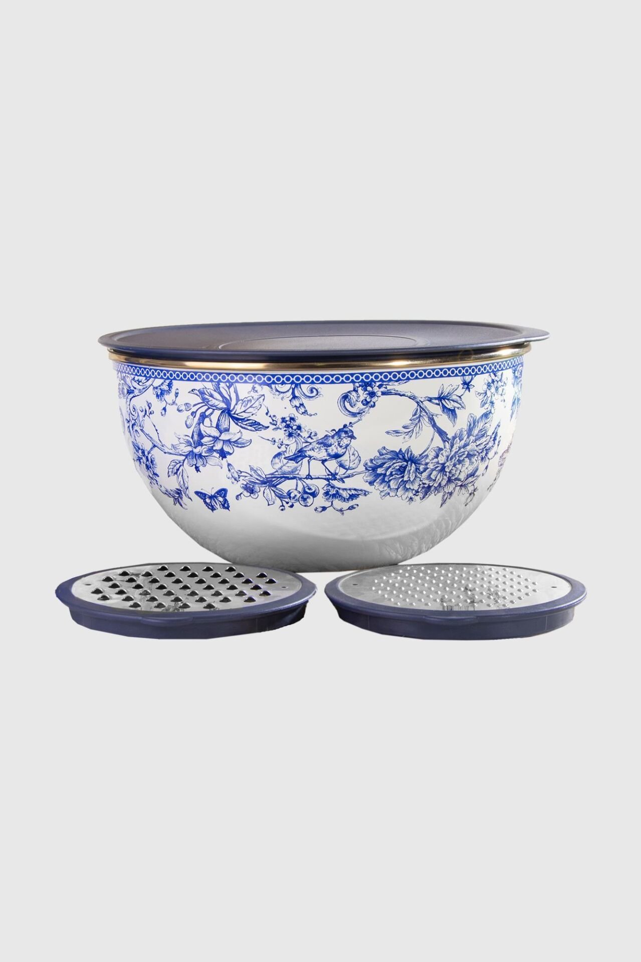 Vintage Blu Emaye 2 Adet Rende Kapak Karıştırma ve Rende Seti