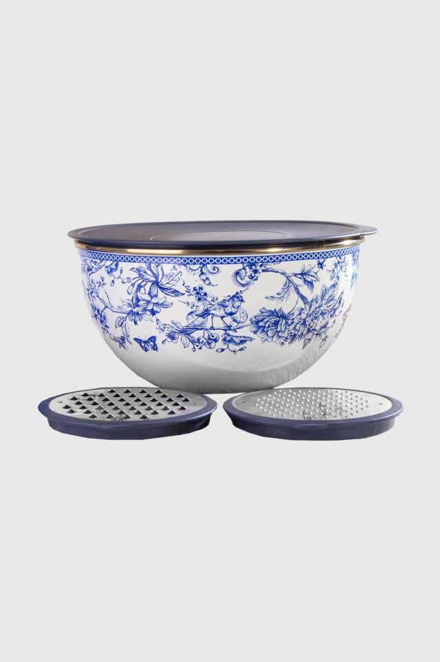 Vintage Blu Emaye 2 Adet Rende Kapak Karıştırma ve Rende Seti