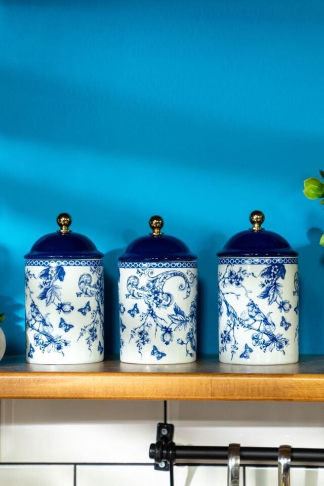 Vintage Blu Porselen 3'lü Kavanoz Seti