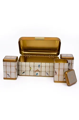Golden Birds Temalı Ekmeklik Kutusu ve 3'lü Kavanoz Set