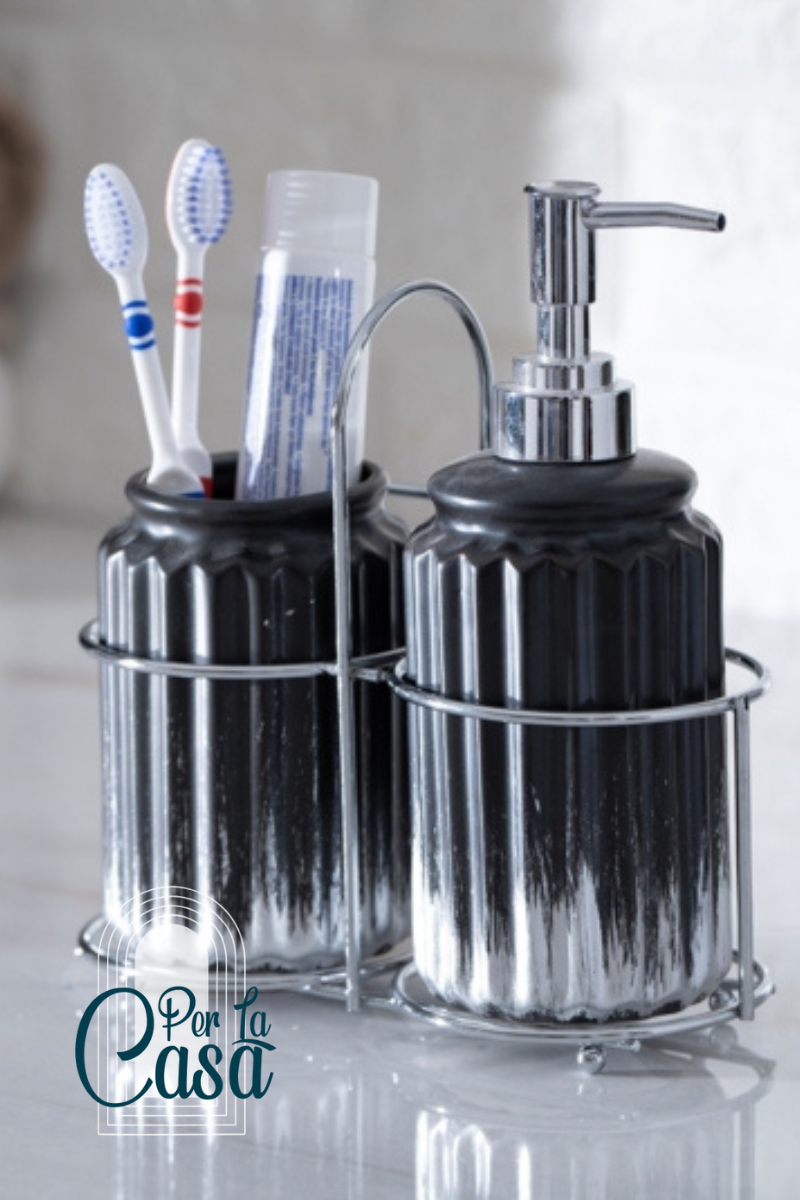 Stoneware Siyah Gümüş 2li Banyo Seti