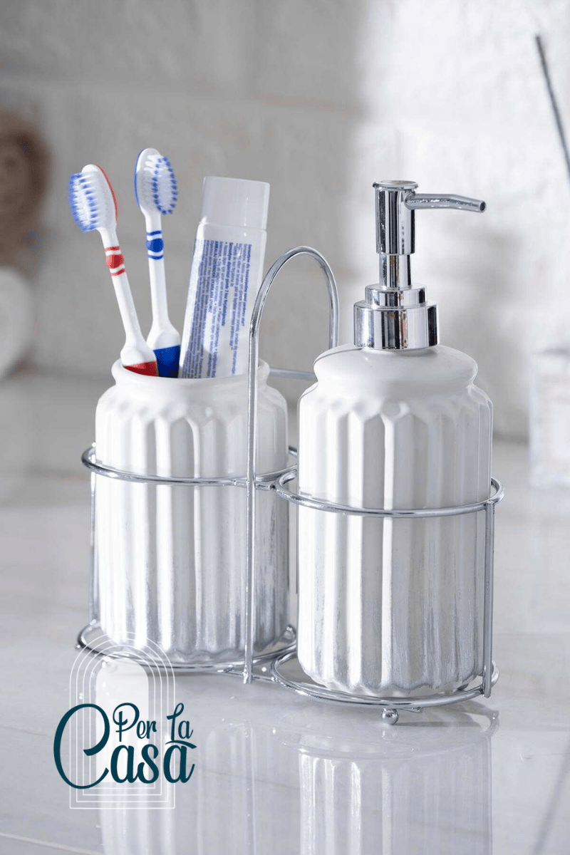 Stoneware Beyaz Gümüş 2li Banyo Seti