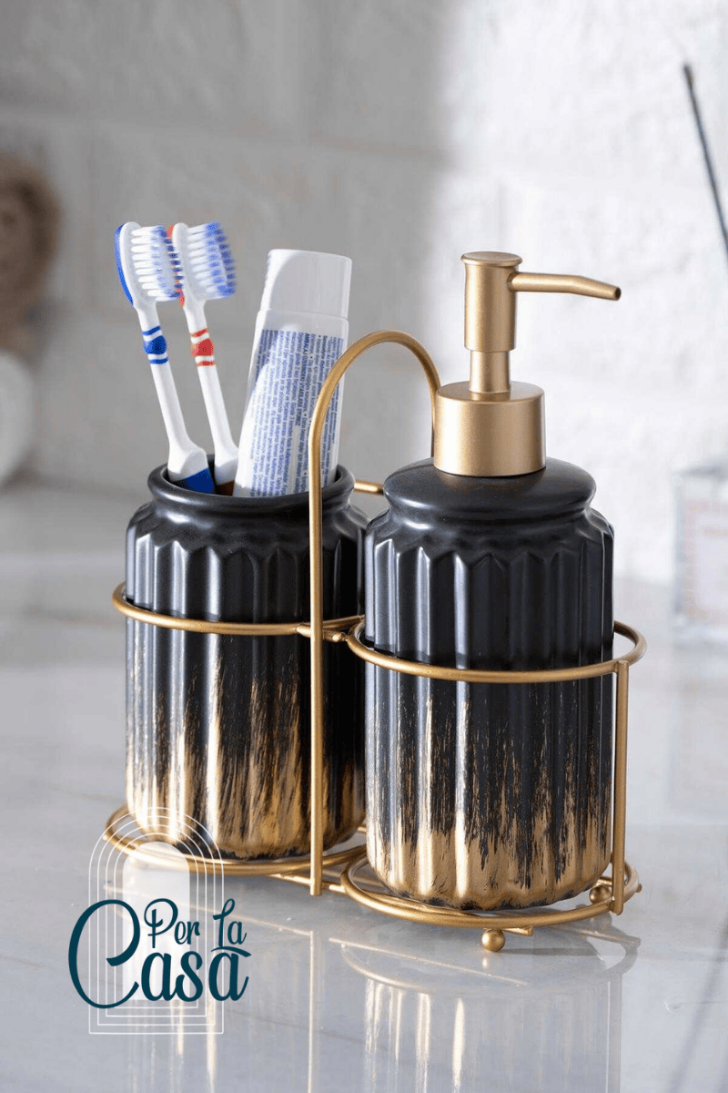 Stoneware Siyah Altın 2'li Banyo Seti