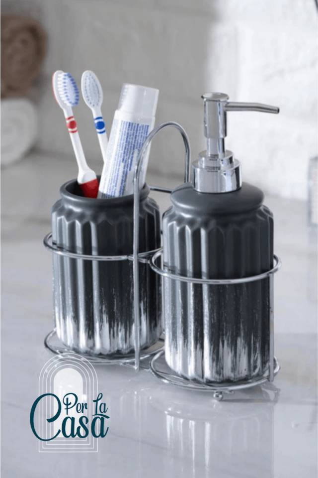 Stoneware Antrasit Gümüş 2li Banyo Seti