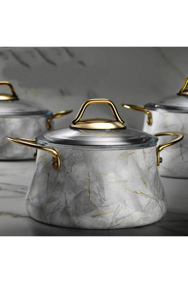 Brioni Marble 7 Parça Mermer Tencere Seti