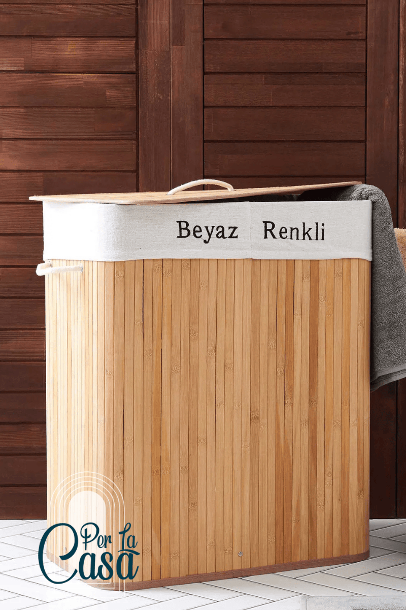 Bambu Natürel Çift Hazneli Çamaşır Sepeti - Bej