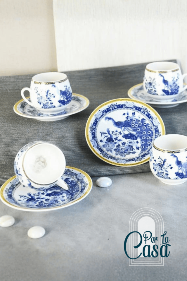 Mavi Tavus Kuşu 6’lı Çay Fincan Takımı | İçi Geisha Motifli Porselen