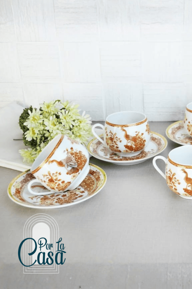 Turuncu Tavus Kuşu 6’lı Çay Fincan Takımı | İçi Geisha Motifli Porselen