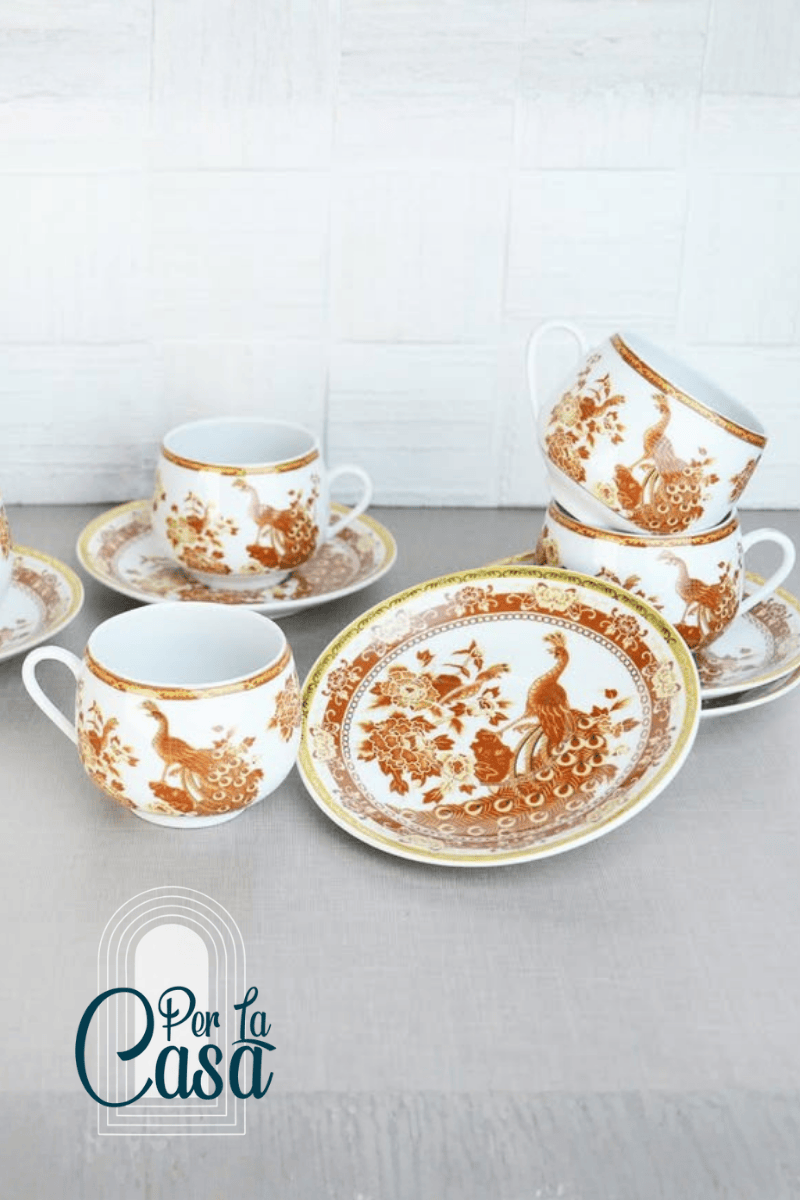 Turuncu Tavus Kuşu 6’lı Çay Fincan Takımı | İçi Geisha Motifli Porselen