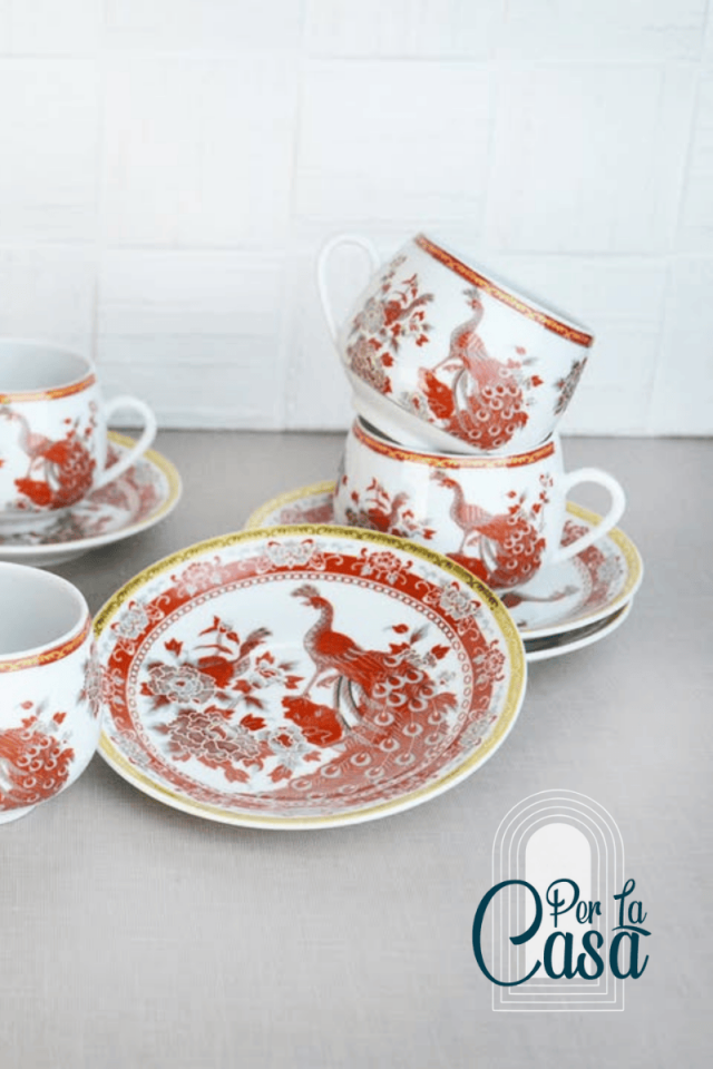 Kırmızı Tavus Kuşu 6’lı Çay Fincan Takımı | İçi Geisha Motifli Porselen