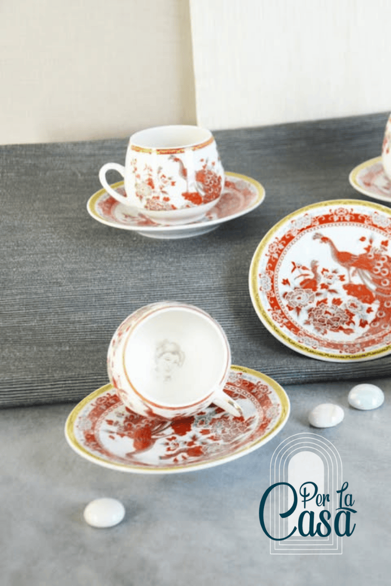 Kırmızı Tavus Kuşu 6’lı Çay Fincan Takımı | İçi Geisha Motifli Porselen