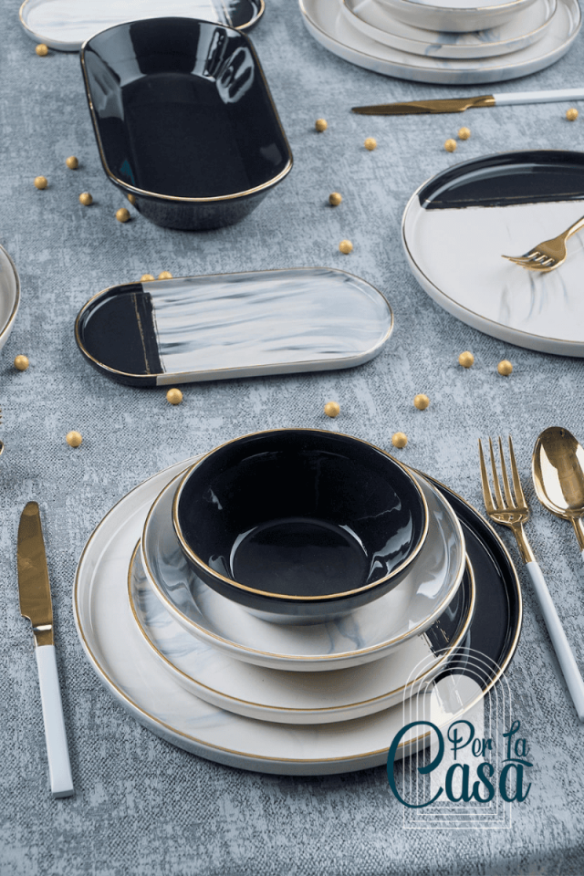 Siyah ve Mermer 24 Parça Yemek Takımı