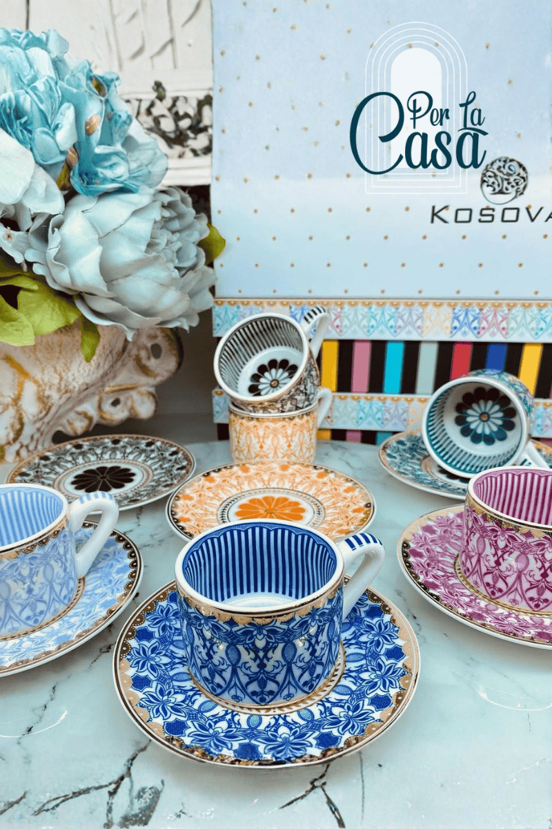 Etnik Desenli 6’lı Altın Yaldızlı Lüx Bone China Kahve Fincan Takımı