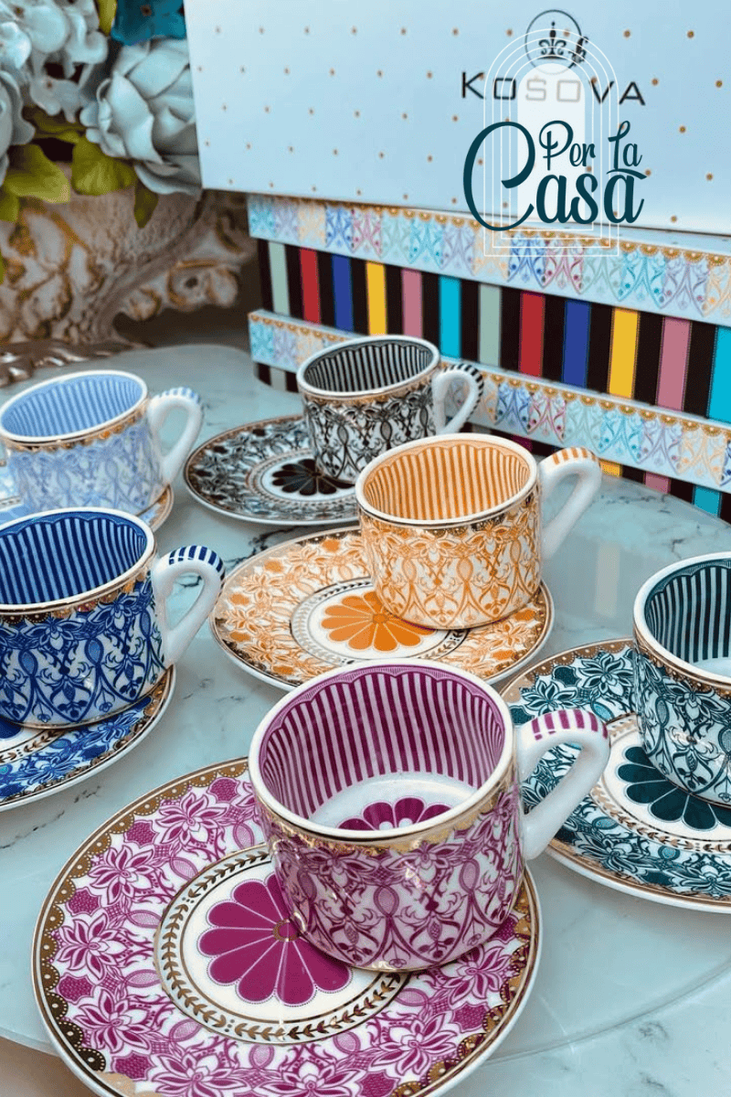 Etnik Desenli 6’lı Altın Yaldızlı Lüx Bone China Çay Fincan Takımı