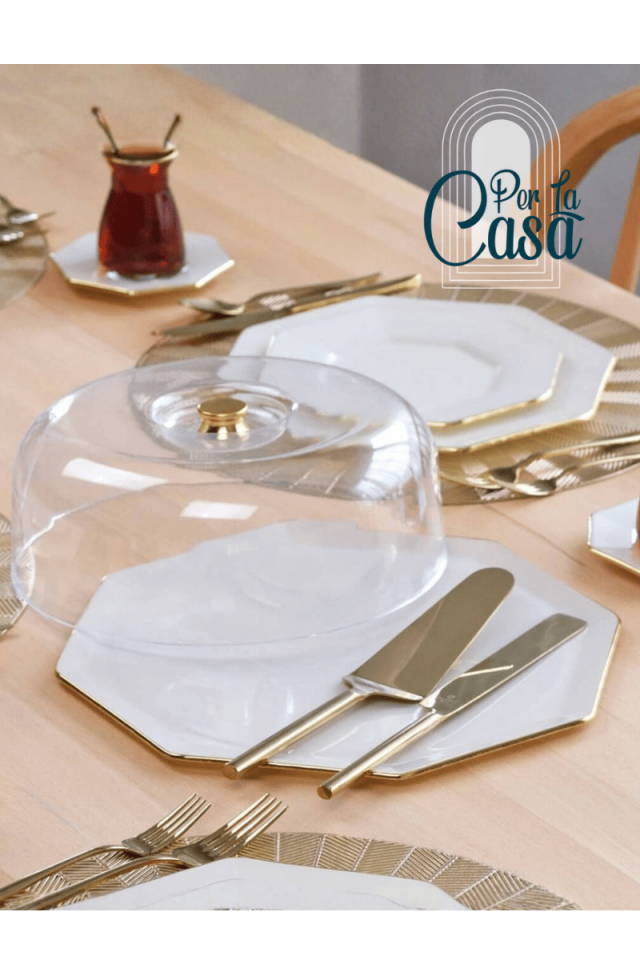 Sekizgen Krem Altın Yaldızlı Cam Kek Fanusu