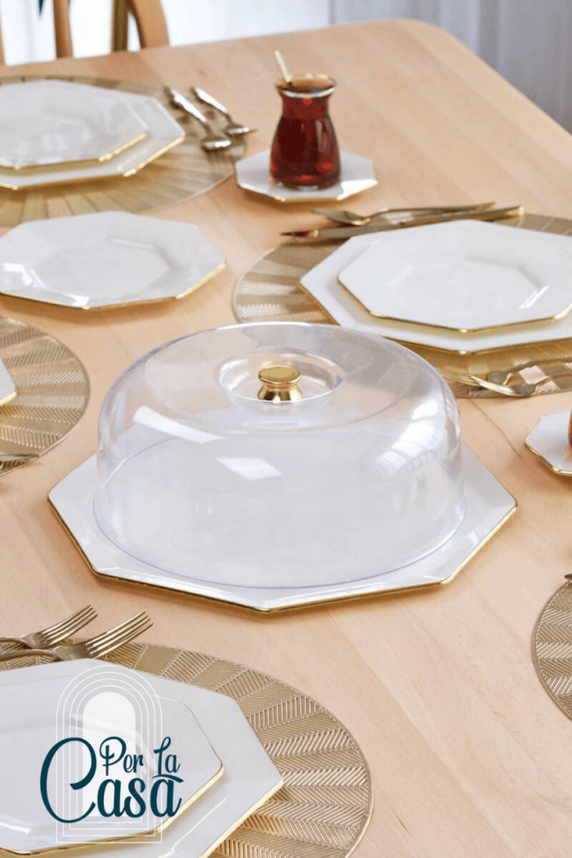 Sekizgen Krem Altın Yaldızlı Cam Kek Fanusu