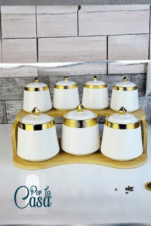 Taliya Gold Bambu Standlı Porselen Baharat Seti 7’li