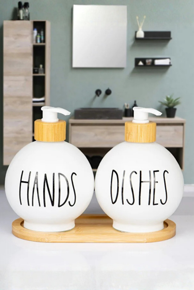 2'li Tombul Bambu Standlı Cam Sıvı Sabunluk / Hands & Dishes Beyaz