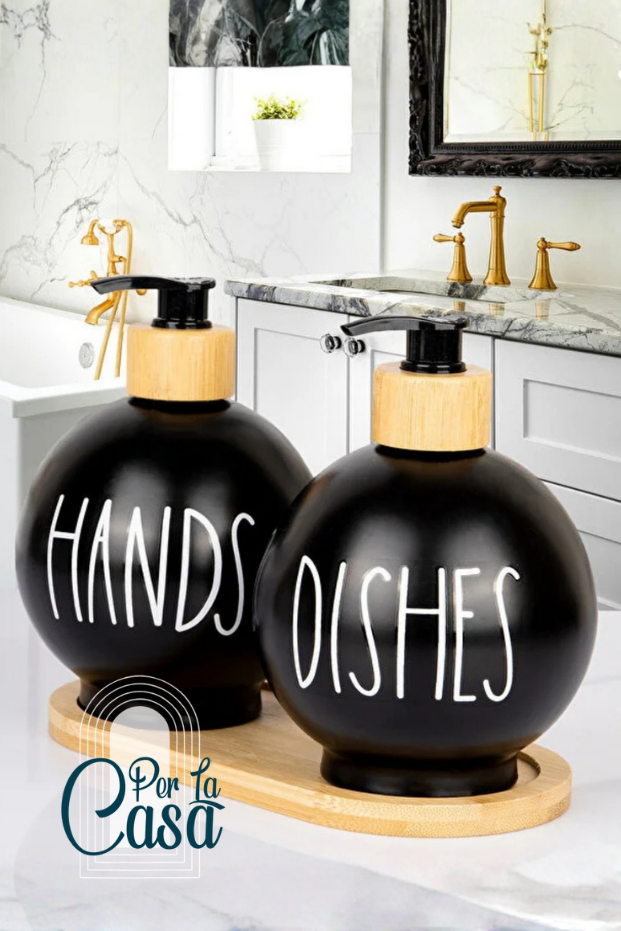 2'li Tombul Bambu Standlı Cam Sıvı Sabunluk / Hands & Dishes Siyah