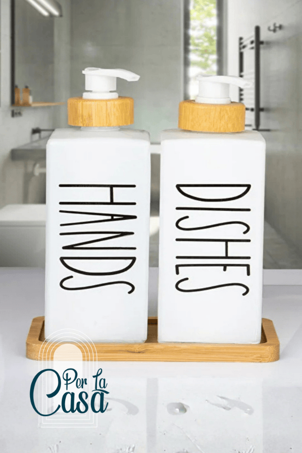 2'li Dikdörtgen Bambu Standlı Cam Sıvı Sabunluk / Hands & Dishes Beyaz