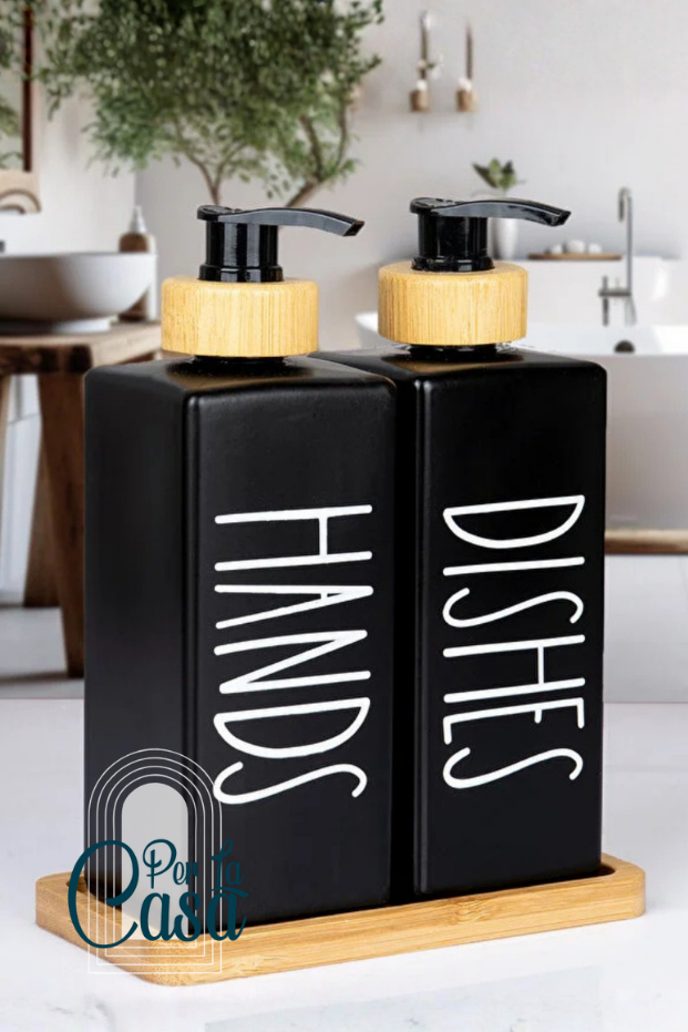 2li Dikdörtgen Bambu Standlı Sıvı Sabunluk Hands and Dishes