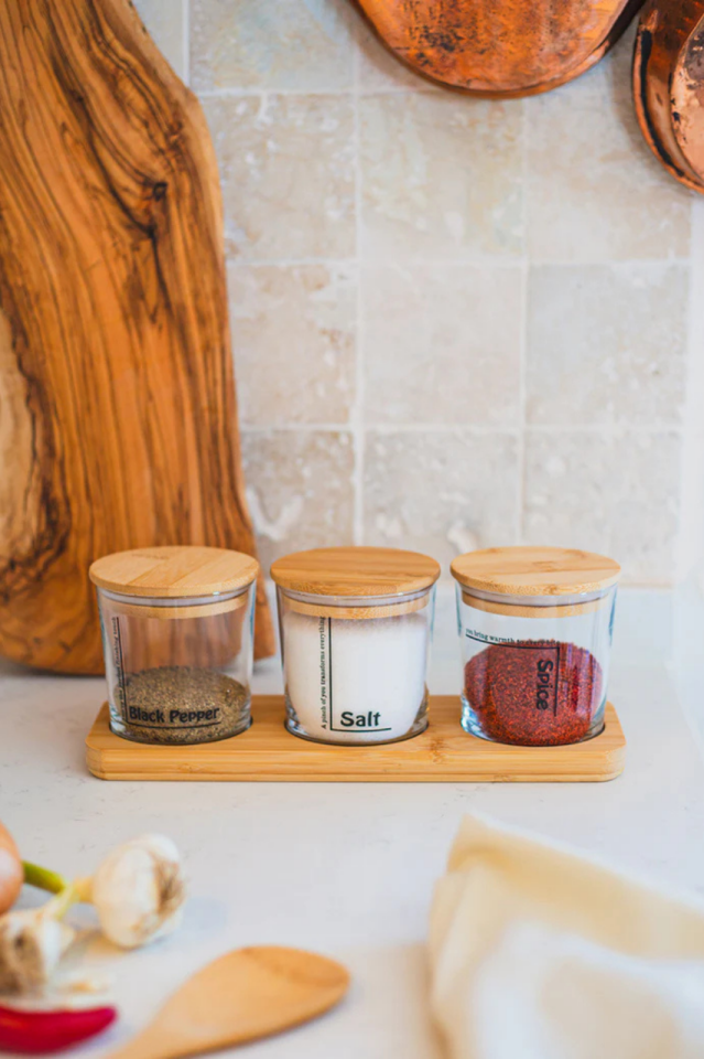 Daily Bambu Kapak ve Standlı 3lü Baharatlık Seti