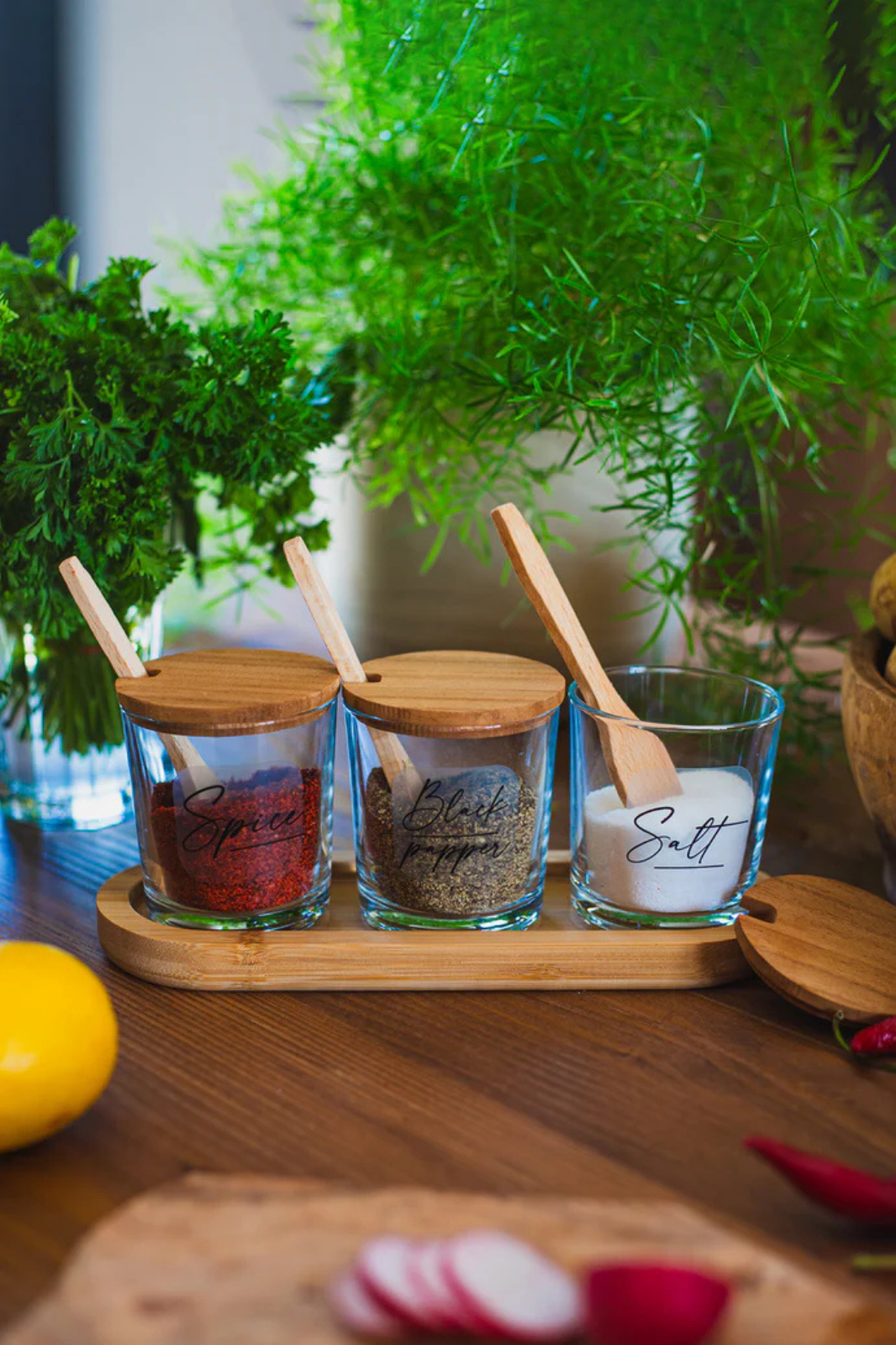 Marsala Bambu Kaşıklı Ve Standlı 3lü Baharatlık Seti